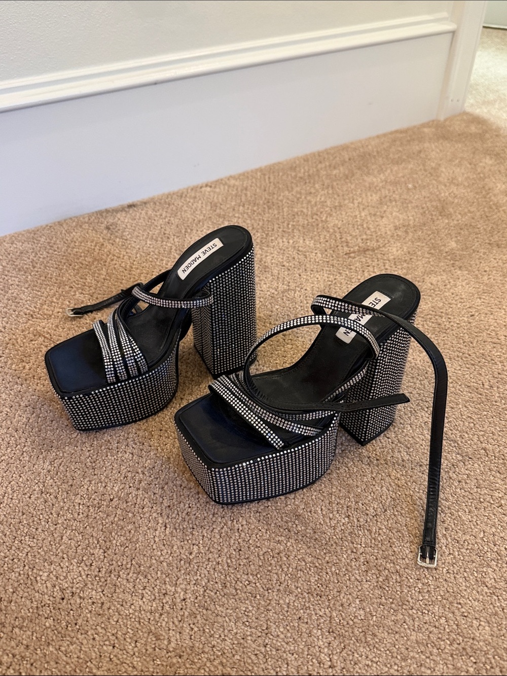 Steve Madden Black Rhinestone-Embellished Platform Heels